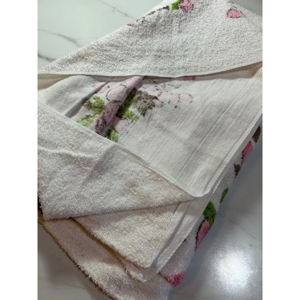 Vintage Fruit Floral Oversized Beach Towel Pink Green White Terry Cloth 46x81
